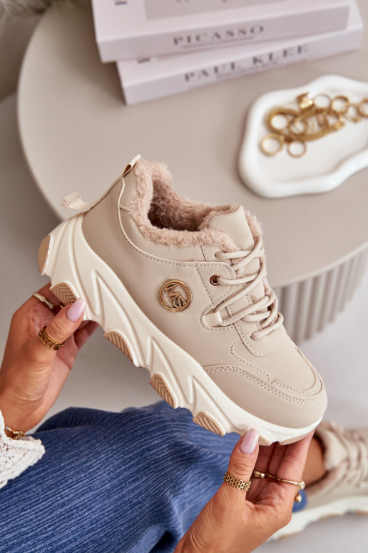 Warm Women's Sports Shoes Lace-up On Platform Beige Bialoa