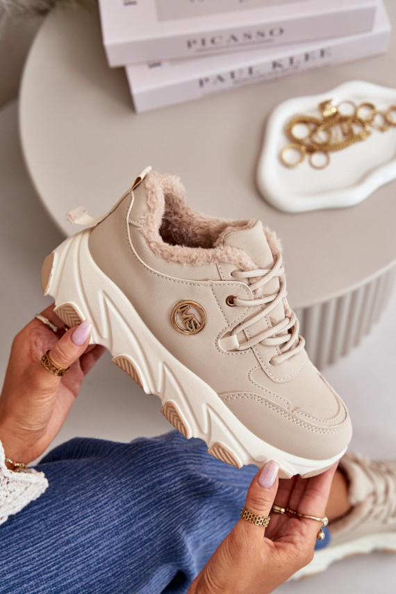 Warm Women's Sports Shoes Lace-up On Platform Beige Bialoa
