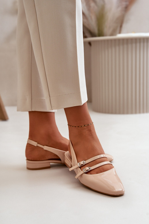 Lacquered Ballet Flats With Straps On Low Heel Beige Bialettia