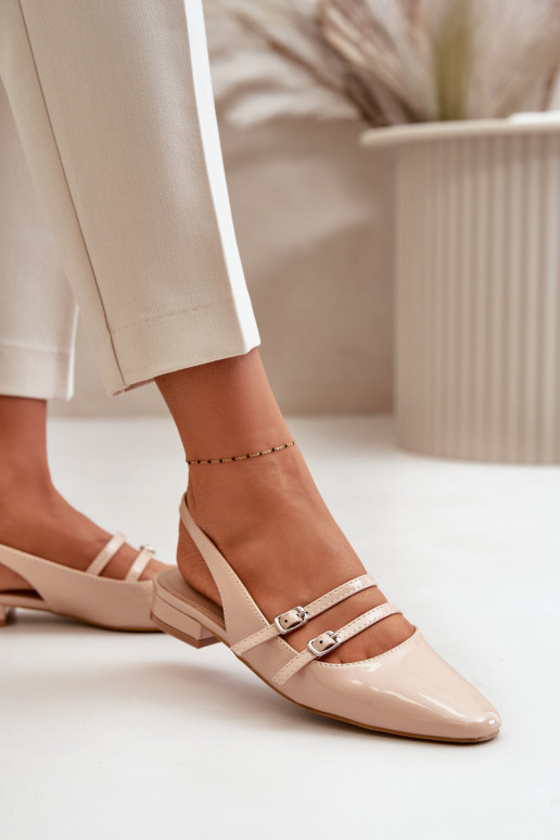 Lacquered Ballet Flats With Straps On Low Heel Beige Bialettia