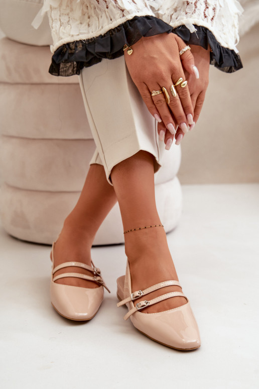 Lacquered Ballet Flats With Straps On Low Heel Beige Bialettia