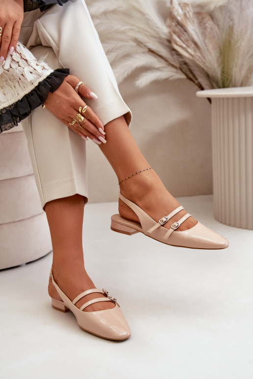 Lacquered Ballet Flats With Straps On Low Heel Beige Bialettia