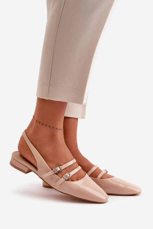 Lacquered Ballet Flats With Straps On Low Heel Beige Bialettia