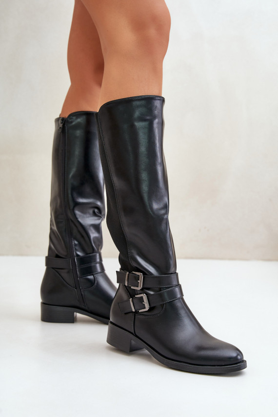 Knee High Women's Boots with Flat Heels and Buckles Black Lotina