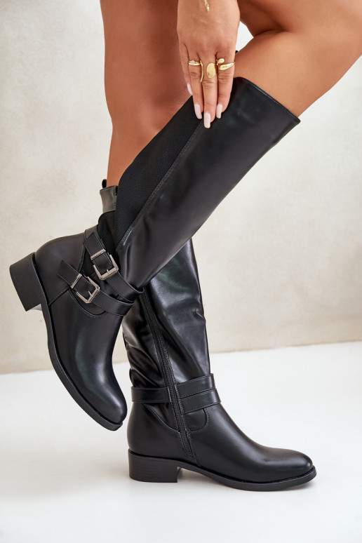 Knee High Women's Boots with Flat Heels and Buckles Black Lotina