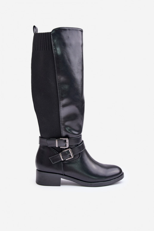 Knee High Women's Boots with Flat Heels and Buckles Black Lotina