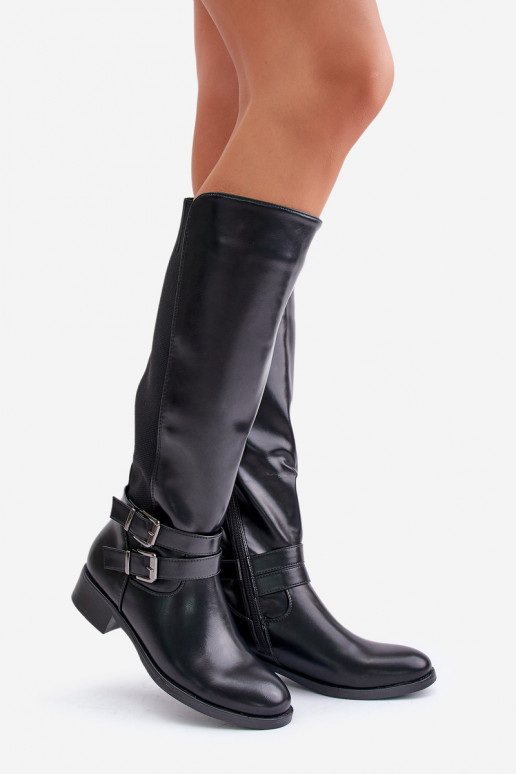 Knee High Women's Boots with Flat Heels and Buckles Black Lotina