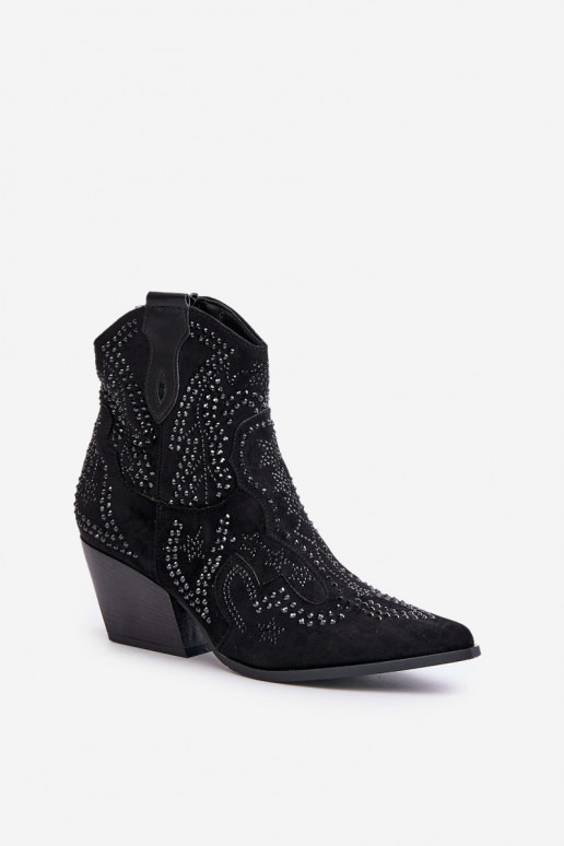 Decorated Cowboy Ankle Boots Black Kaivina