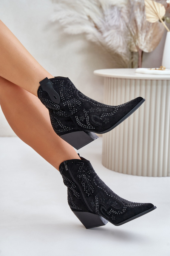 Decorated Cowboy Ankle Boots Black Kaivina