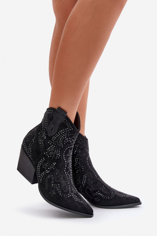Decorated Cowboy Ankle Boots Black Kaivina
