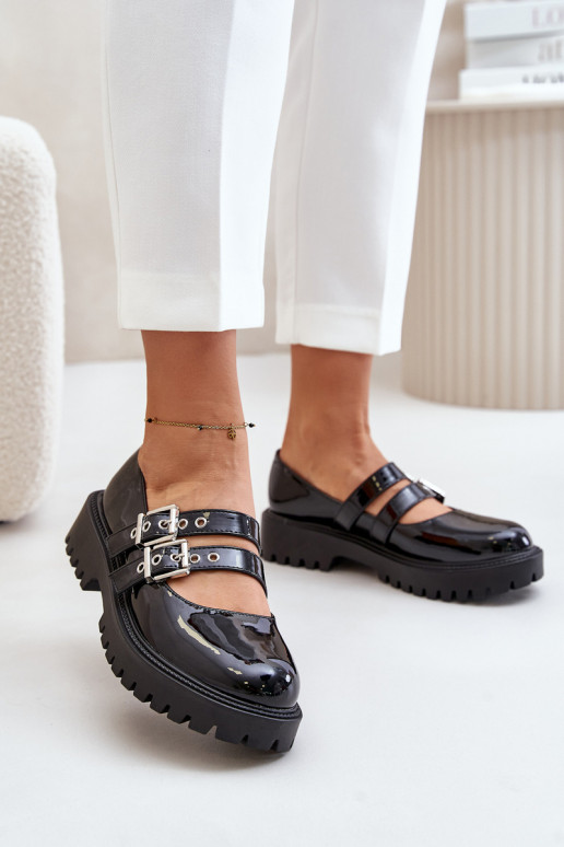 Ladies Lacquered Shoes With Straps Black Terione