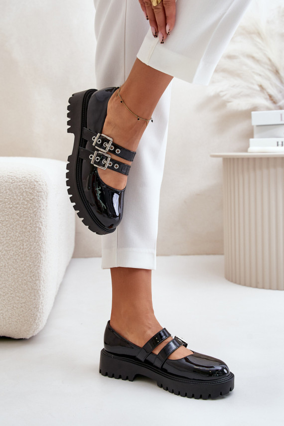 Ladies Lacquered Shoes With Straps Black Terione