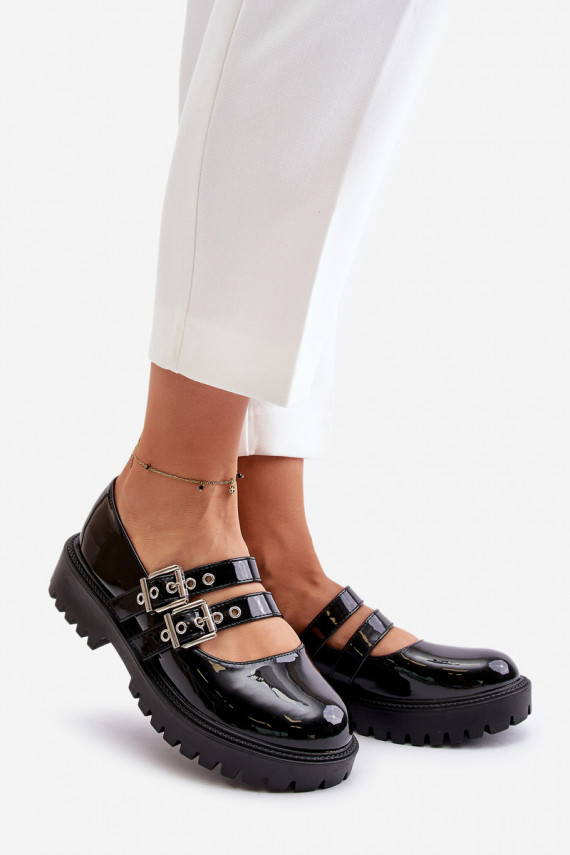 Ladies Lacquered Shoes With Straps Black Terione
