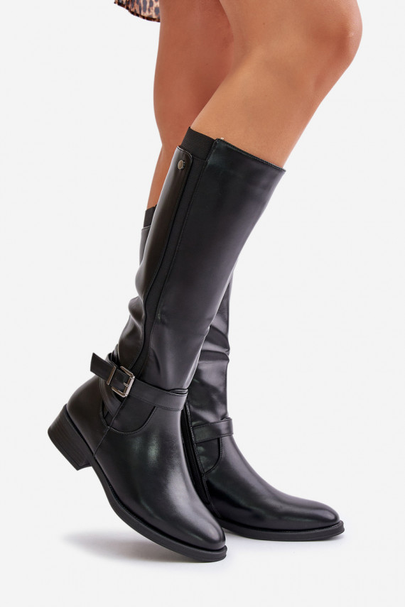 Women's insulated boots on flat heels with gold buckle black Arsisna