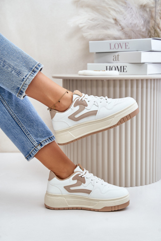Women's Leather Sport Shoes On Massive Platform Beige Belisso