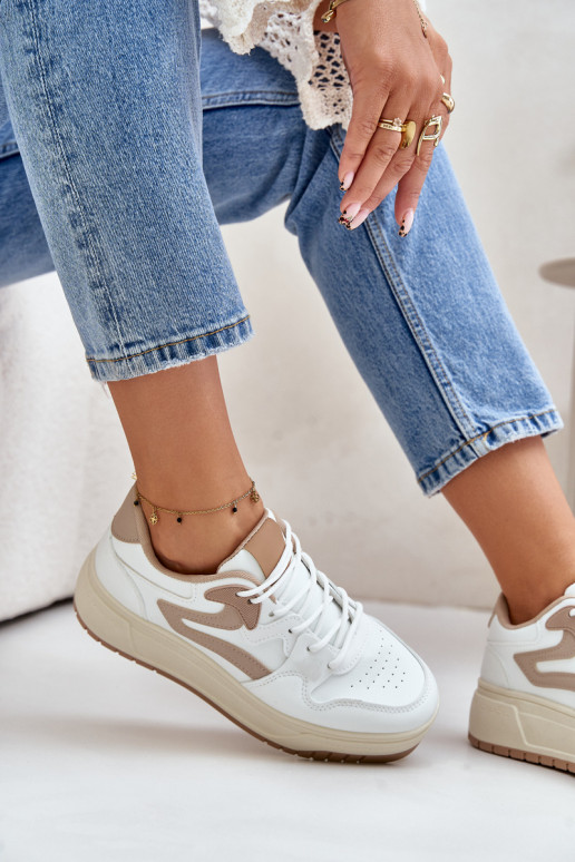 Women's Leather Sport Shoes On Massive Platform Beige Belisso