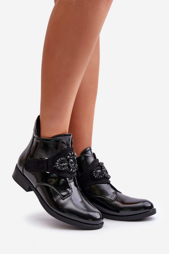Lacquered Women's Ankle Boots With Decoration Insulated Black S.Barski HY42-021