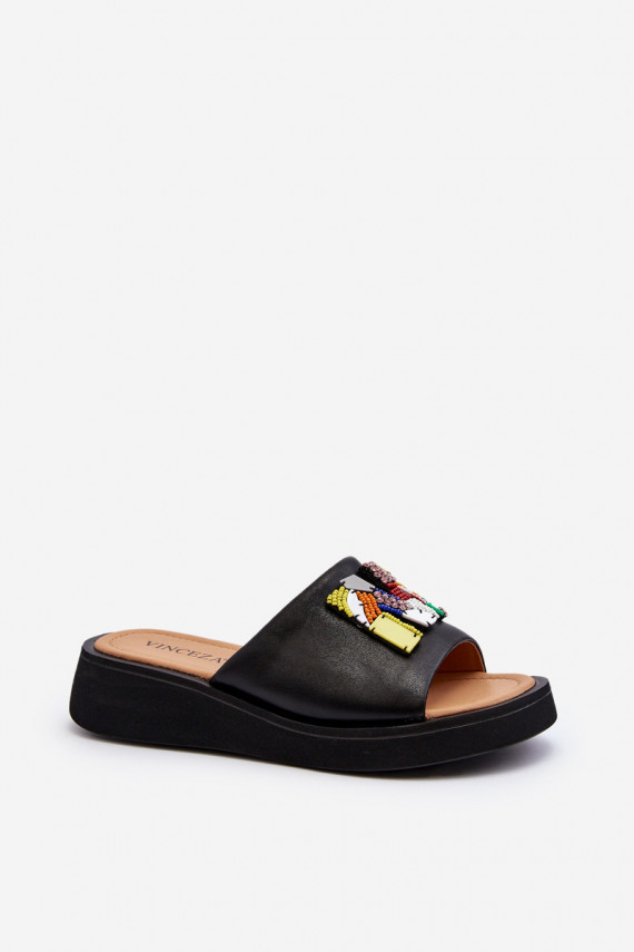 Black Women's Leather Slippers With Ornament Asames