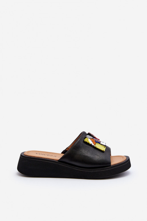 Black Women's Leather Slippers With Ornament Asames