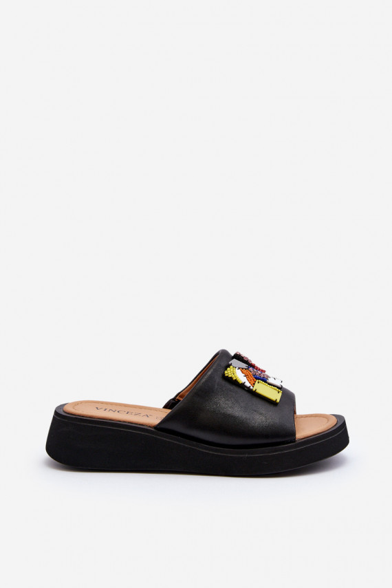 Black Women's Leather Slippers With Ornament Asames