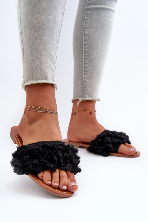 Women's Flat Sandals with Fringes Black Rialle