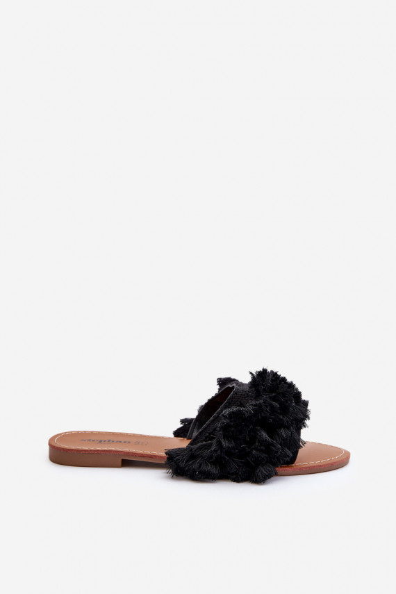 Women's Flat Sandals with Fringes Black Rialle