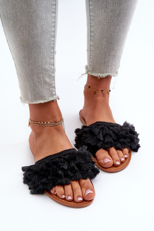 Women's Flat Sandals with Fringes Black Rialle