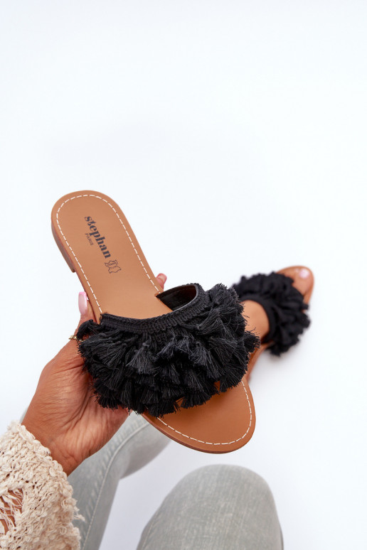 Women's Flat Sandals with Fringes Black Rialle