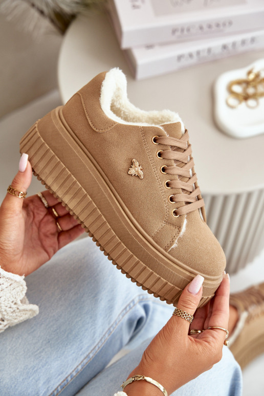 Women's Insulated Sneakers On Chunky Sole With Gold Detail Brown Lotira Women's Insulated Sneakers On Chunky Sole With Gold Detail Brown Lotira