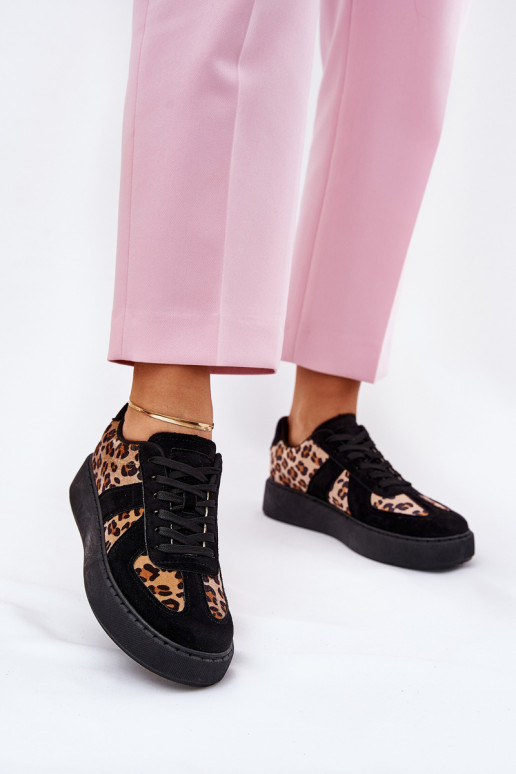 Women's Sneakers With Leopard Print On Platform Black Nativira