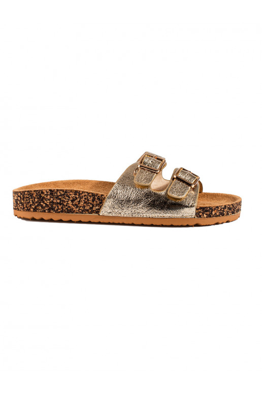 gold color womens slippers  with buckles