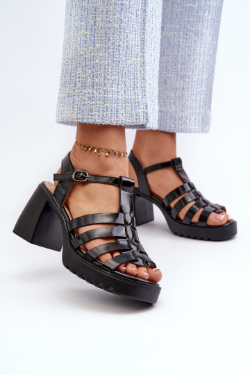 Lacquered Leather Women's Sandals On Heel Black Vinceza 66621