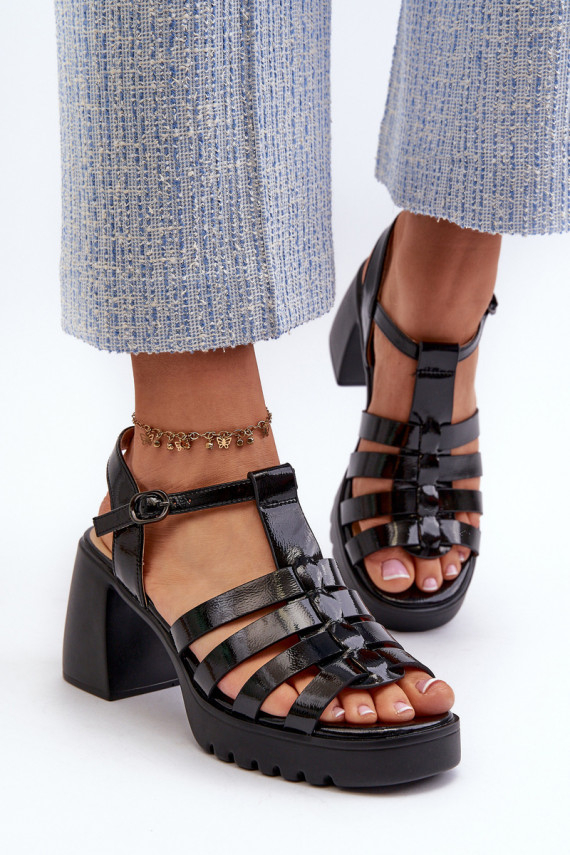 Lacquered Leather Women's Sandals On Heel Black Vinceza 66621