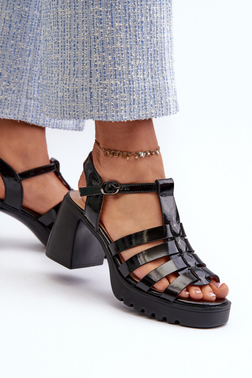 Lacquered Leather Women's Sandals On Heel Black Vinceza 66621