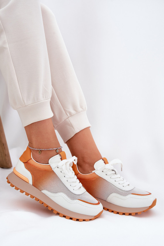 Leather Sports Shoes With Mesh Ladies Vinceza Orange