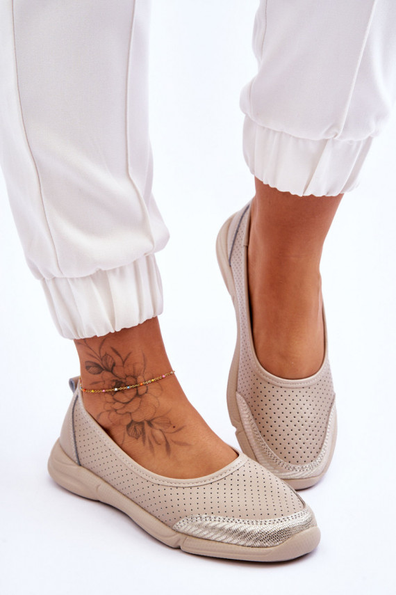 Leather Women's Openwork Ballerinas Beige Lucy