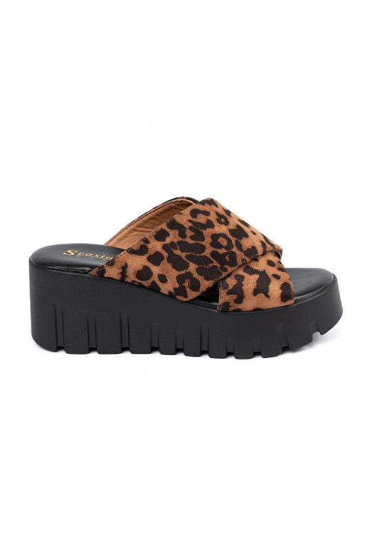 of suede slippers  womens on a wedge leopard print