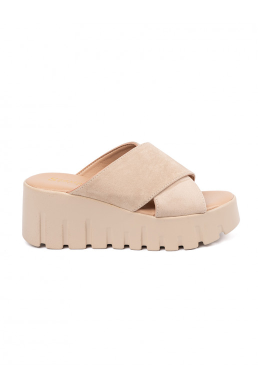 of suede slippers  womens on a wedge beige