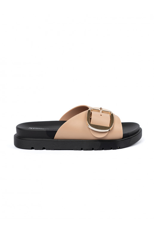 beige slippers  womens with a gold buckle