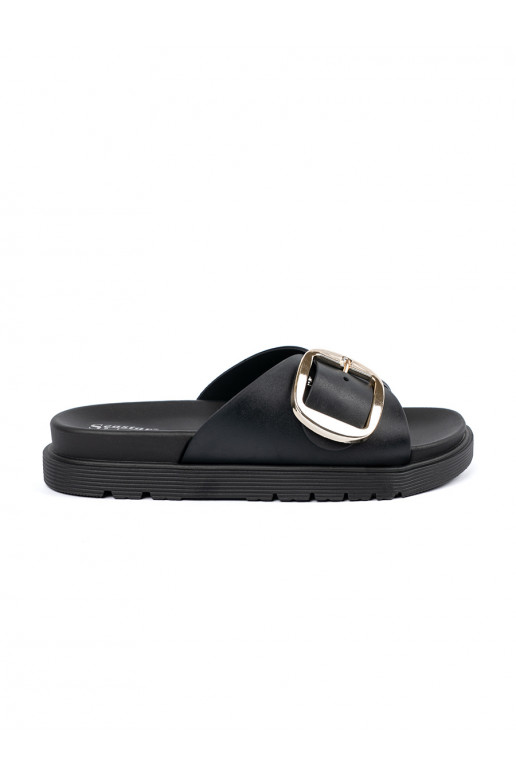 black slippers  womens with a gold buckle