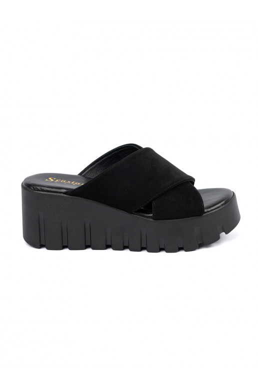 of suede slippers  womens on a wedge black