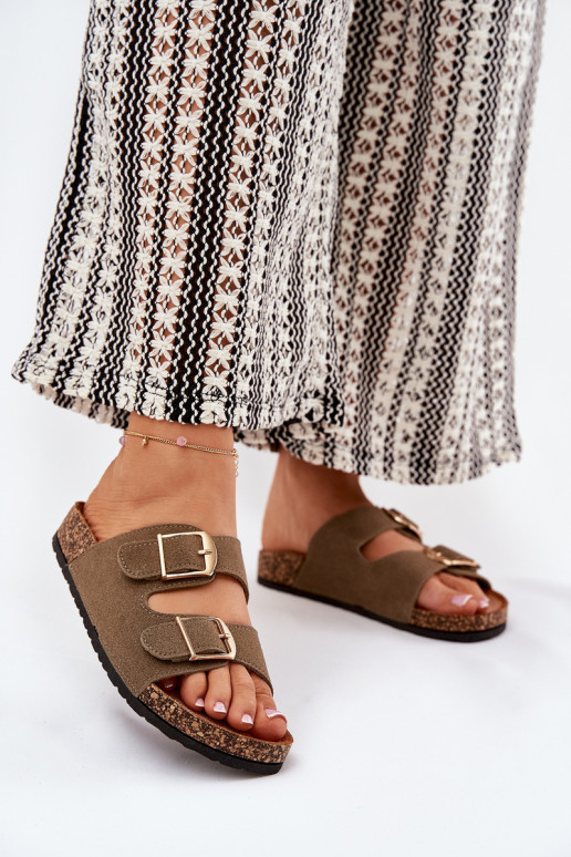 Women's Cork Platform Sandals With Golden Buckles Green Lisavionea