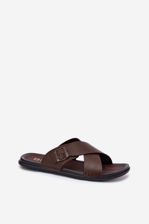 Leather Men Slippers With Buckle Big Star RR174077 Brown