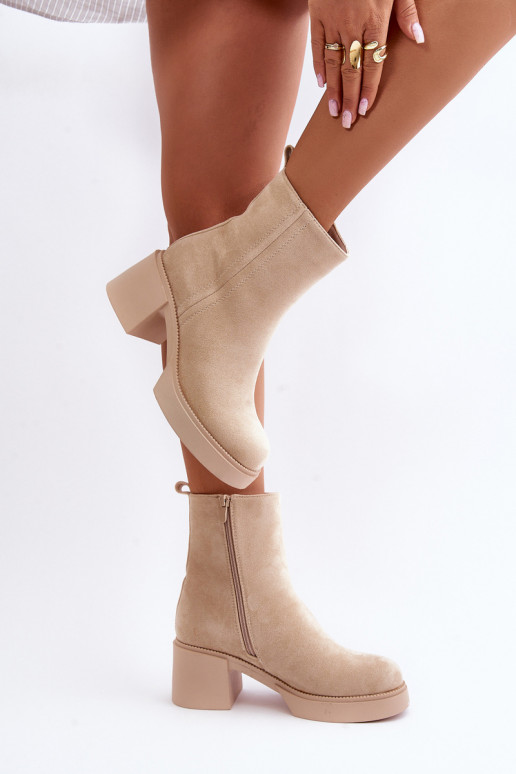 Eco Suede Women's Heeled Boots Insulated Light Beige Meriluna