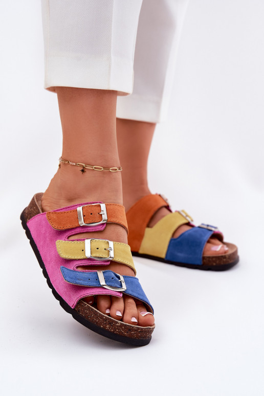 Ladies Suede Slippers With Buckles Panto Fino Fuksja RR267033