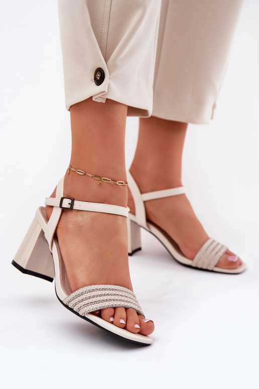 Women's Sandals On Heel With Zirconia And Braid Beige Vinceza 62228