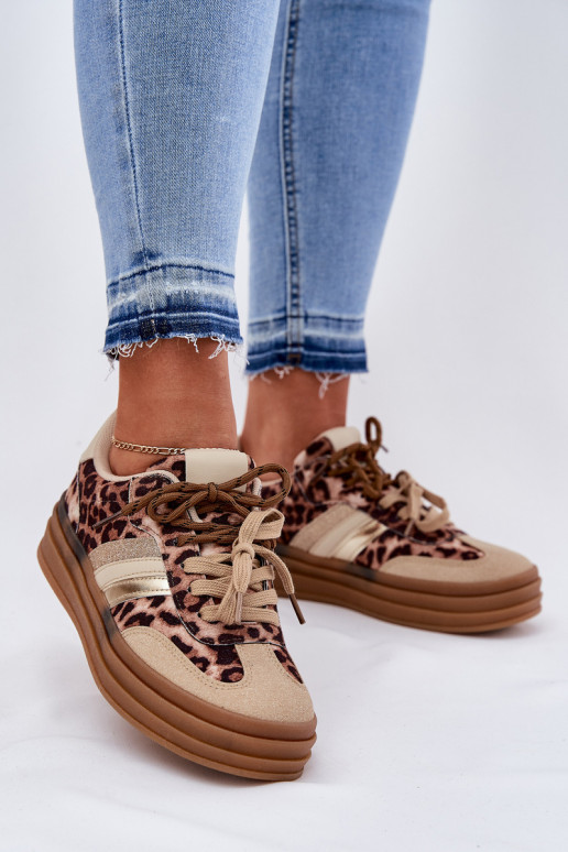 Women's Platform Sneakers With Double Lacing Leopard Beige Niteria