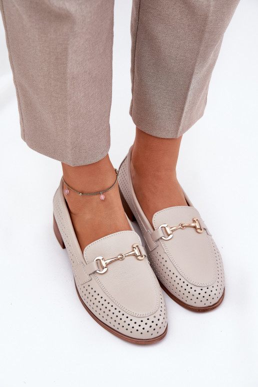 Leather Women's Moccasins With Decoration On Flat Heel Beige S.Barski LR51-588