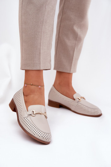 Leather Women's Moccasins With Decoration On Flat Heel Beige S.Barski LR51-588 2