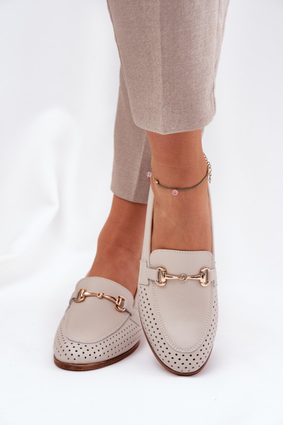 Leather Women's Moccasins With Decoration On Flat Heel Beige S.Barski LR51-588